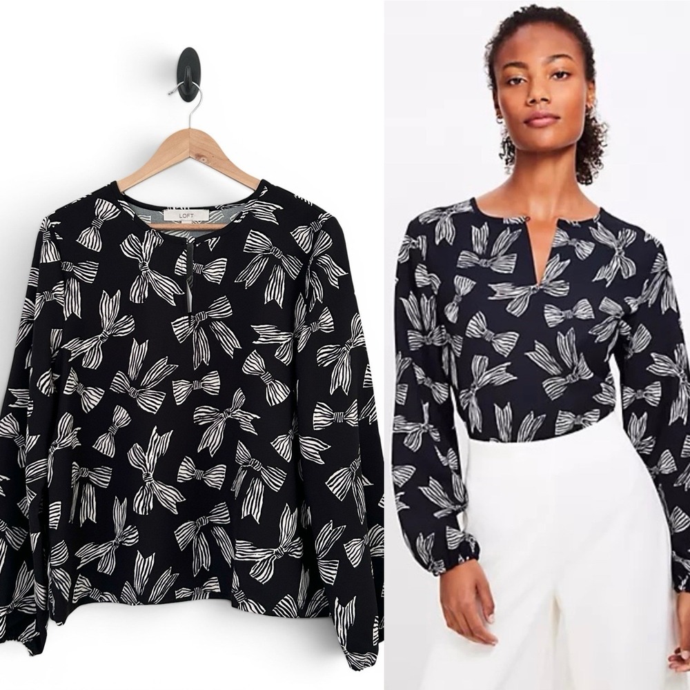 Loft Women's Large Black White Multicolor Bow Tie Balloon Sleeve Blouson Top NWT